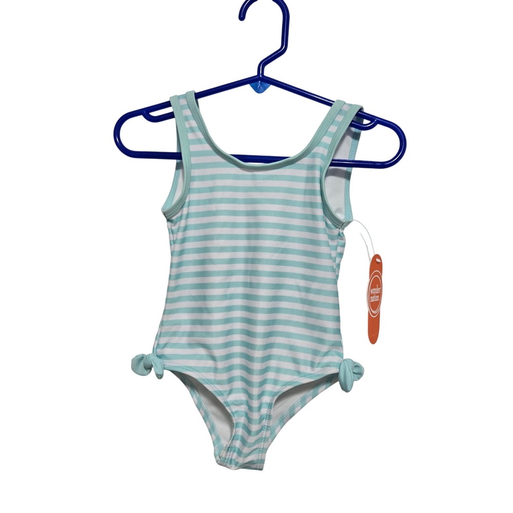 Wonder Nation Girls Swimsuit Aqua White Striped One Piece 2T UPF 50+ NWT‎